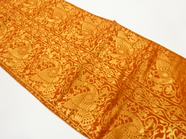 縞に鳥・花唐草模様織出し名古屋帯